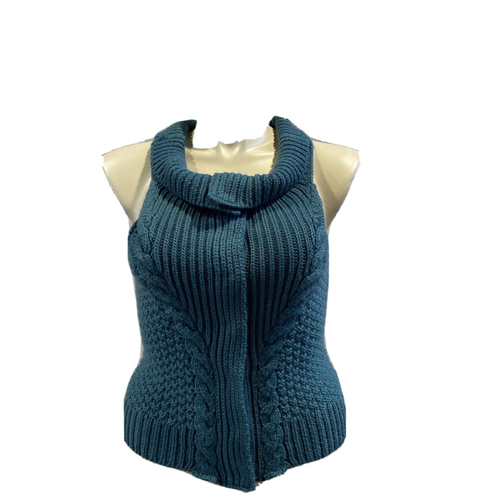 Soft Surroundings MED Cardigan Sweater Vest Teal Green Chunky Knit Snap CUTE - Picture 2 of 7